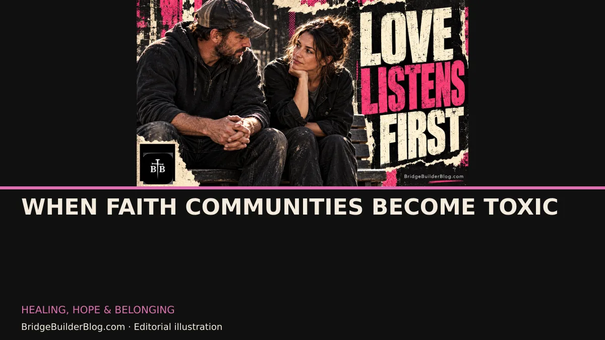 Bold Bridge Builder editorial illustration for When Faith Communities Become Toxic. Conceptual imagery, not a documentary scene.