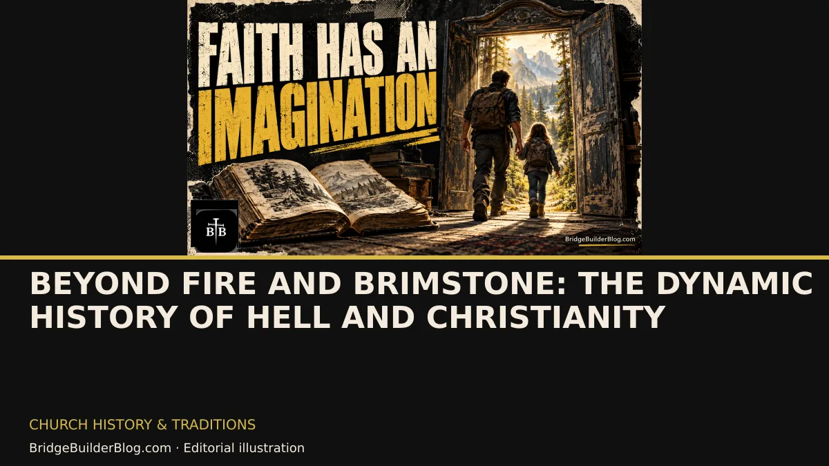 Bold Bridge Builder editorial illustration for Beyond Fire and Brimstone: The Dynamic History of Hell and Christianity. Conceptual imagery, not a documentary scene.