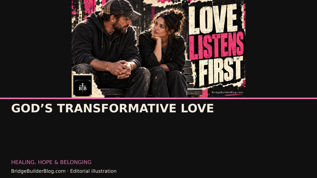 Bold Bridge Builder editorial illustration for God’s Transformative Love. Conceptual imagery, not a documentary scene.