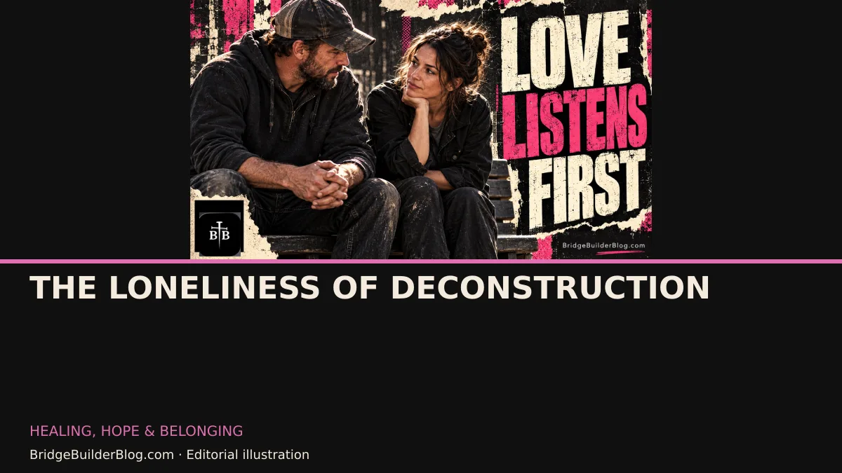 Bold Bridge Builder editorial illustration for The Loneliness of Deconstruction. Conceptual imagery, not a documentary scene.