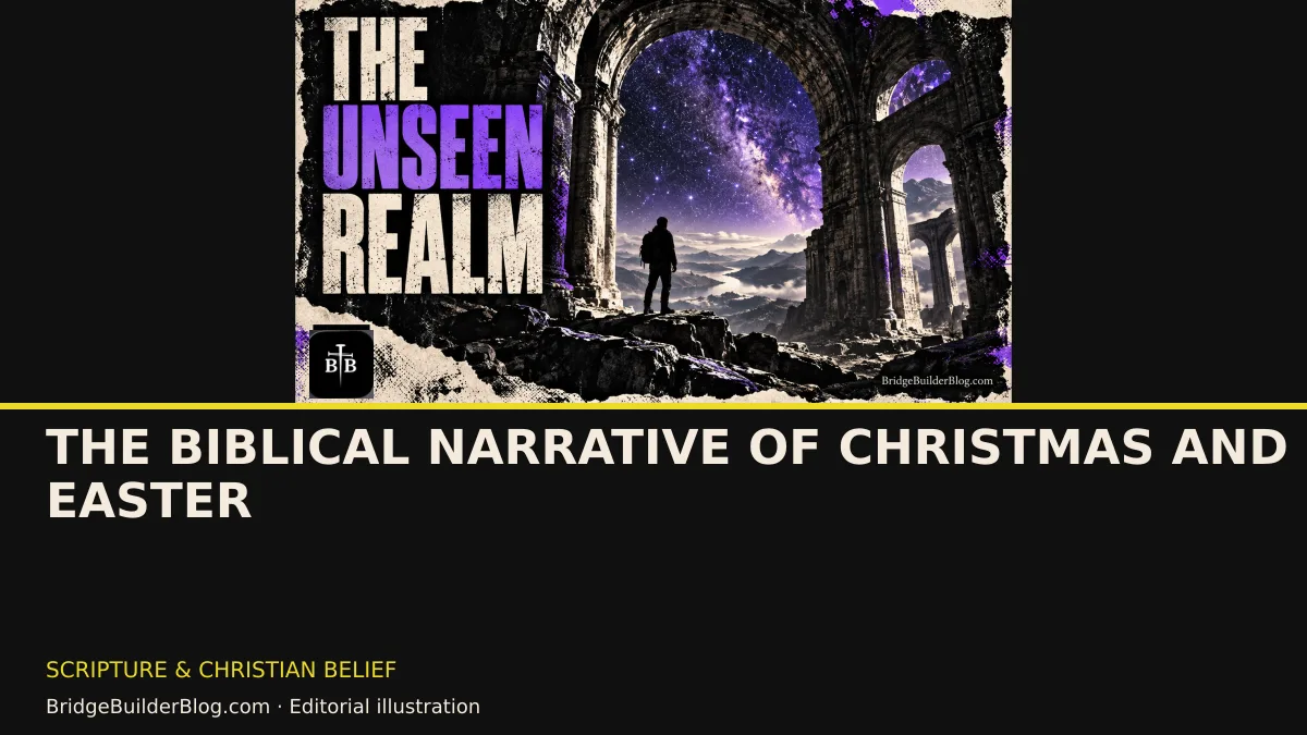 Bold Bridge Builder editorial illustration for The Biblical Narrative of Christmas and Easter. Conceptual imagery, not a documentary scene.