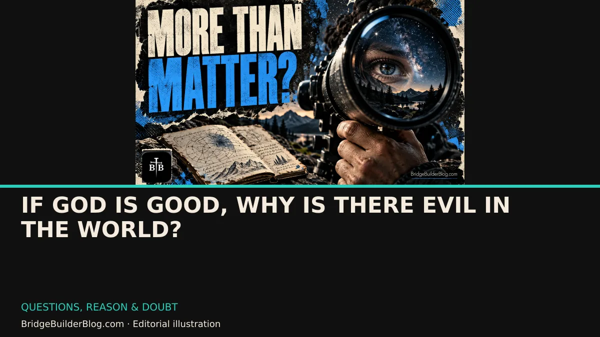 Bold Bridge Builder editorial illustration for If God is good, why is there evil in the world?. Conceptual imagery, not a documentary scene.