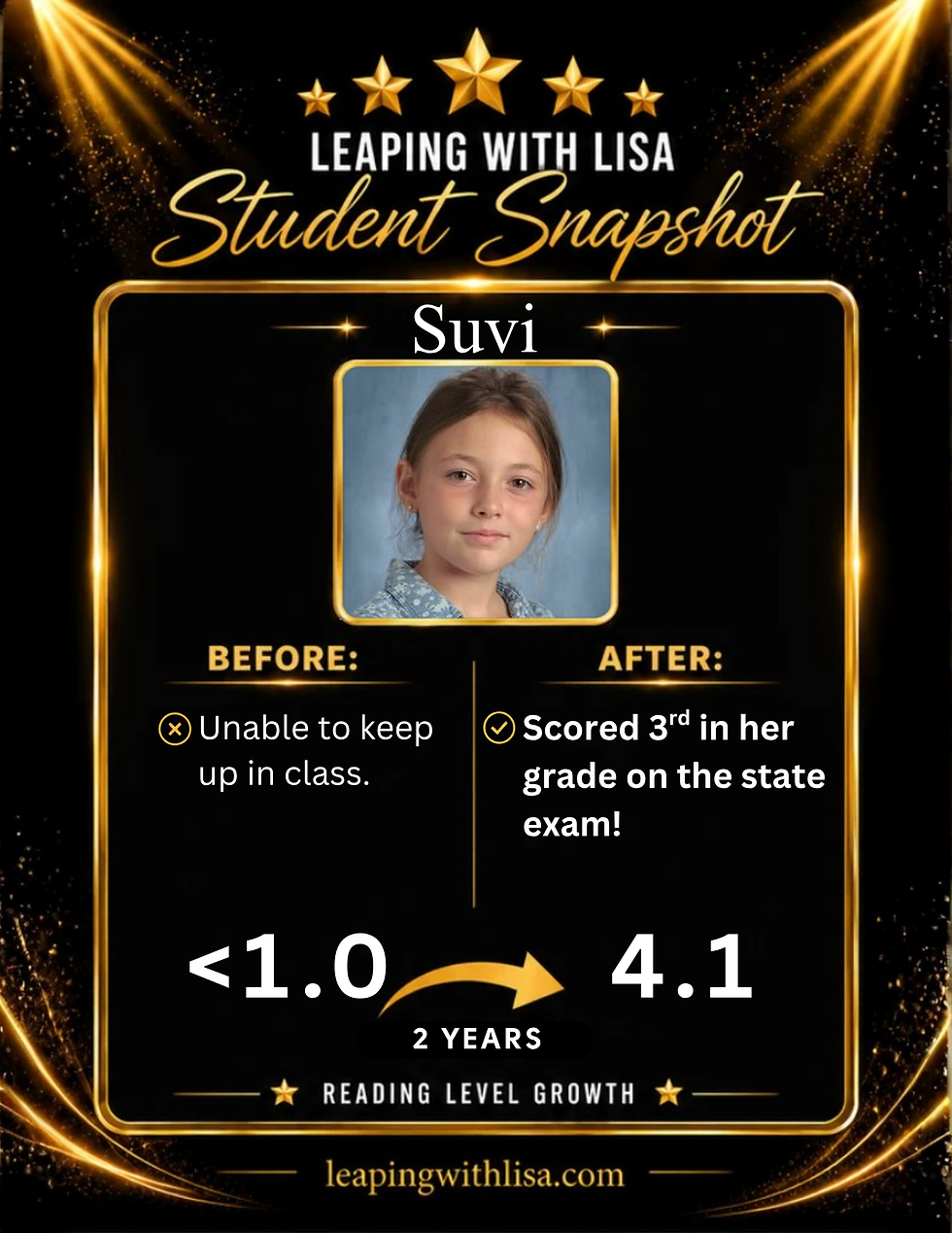 Suvi literacy success story from Leaping with Lisa