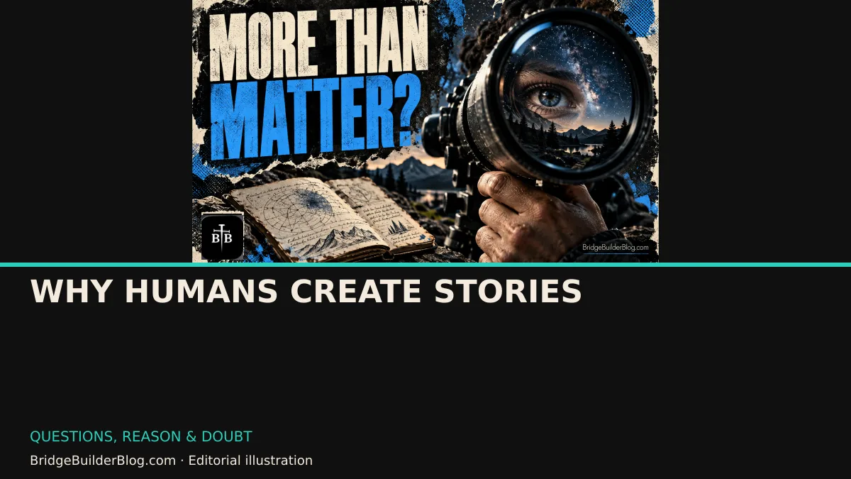Bold Bridge Builder editorial illustration for Why Humans Create Stories. Conceptual imagery, not a documentary scene.