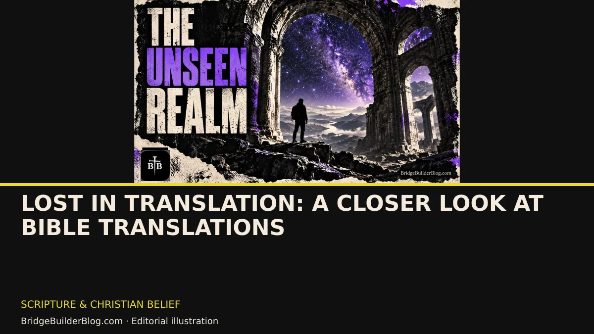 Bold Bridge Builder editorial illustration for Lost in Translation: A Closer Look at Bible Translations. Conceptual imagery, not a documentary scene.
