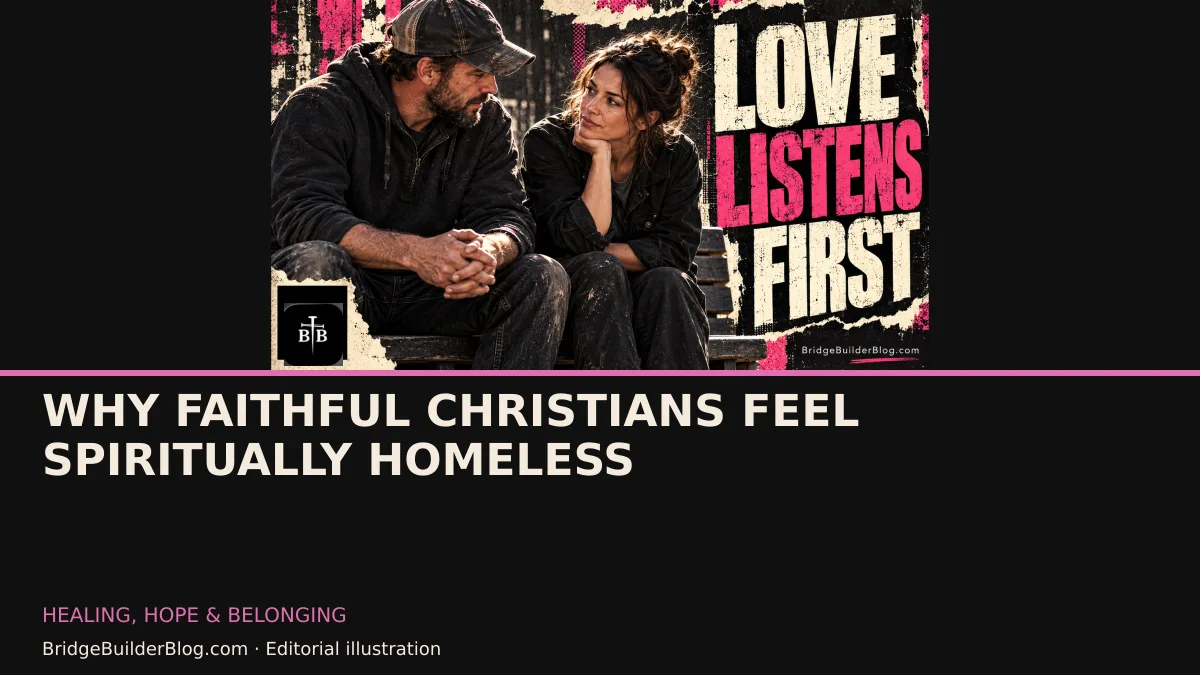 Bold Bridge Builder editorial illustration for Why Faithful Christians Feel Spiritually Homeless. Conceptual imagery, not a documentary scene.