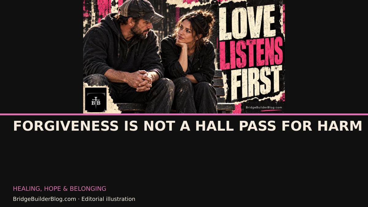 Bold Bridge Builder editorial illustration for Forgiveness Is Not a Hall Pass for Harm. Conceptual imagery, not a documentary scene.