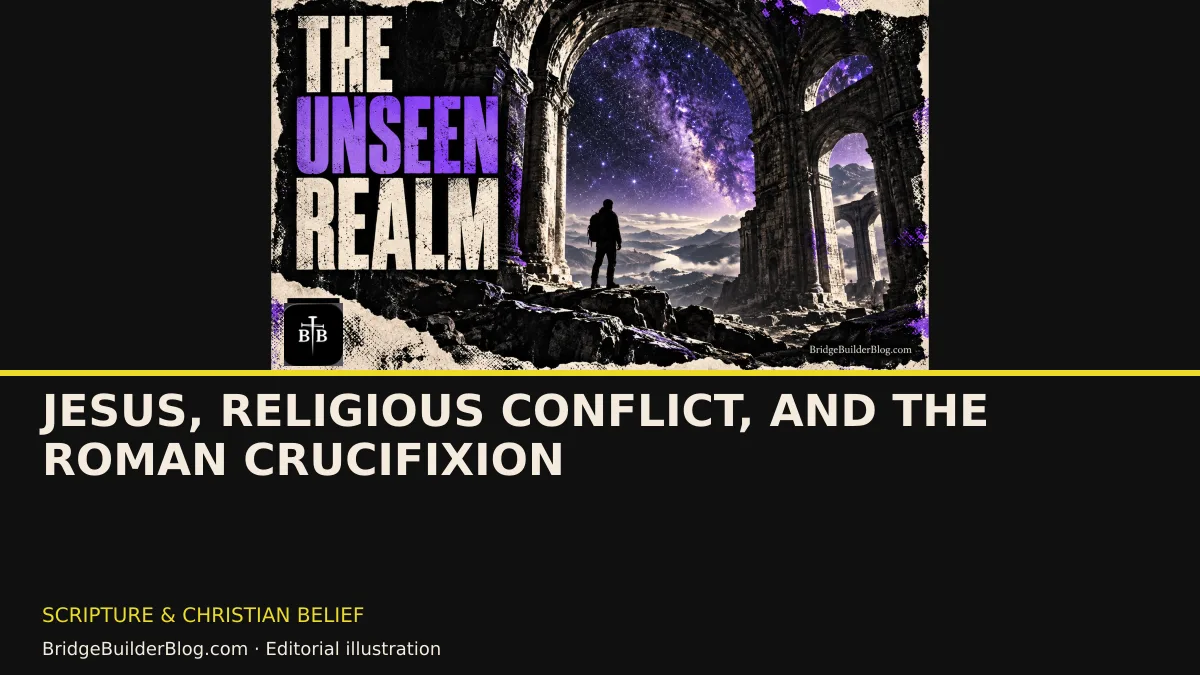 Bold Bridge Builder editorial illustration for Jesus, Religious Conflict, and the Roman Crucifixion. Conceptual imagery, not a documentary scene.