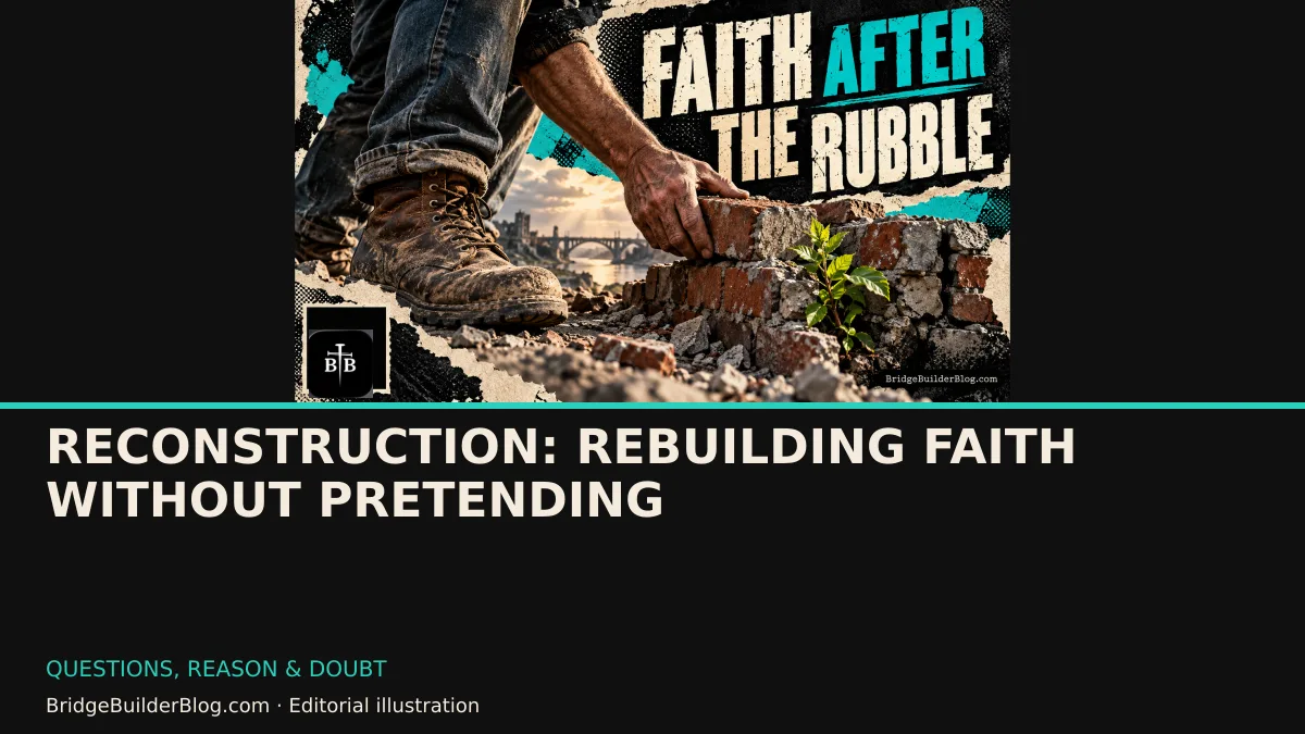 Bold Bridge Builder editorial illustration for Reconstruction: Rebuilding Faith Without Pretending. Conceptual imagery, not a documentary scene.