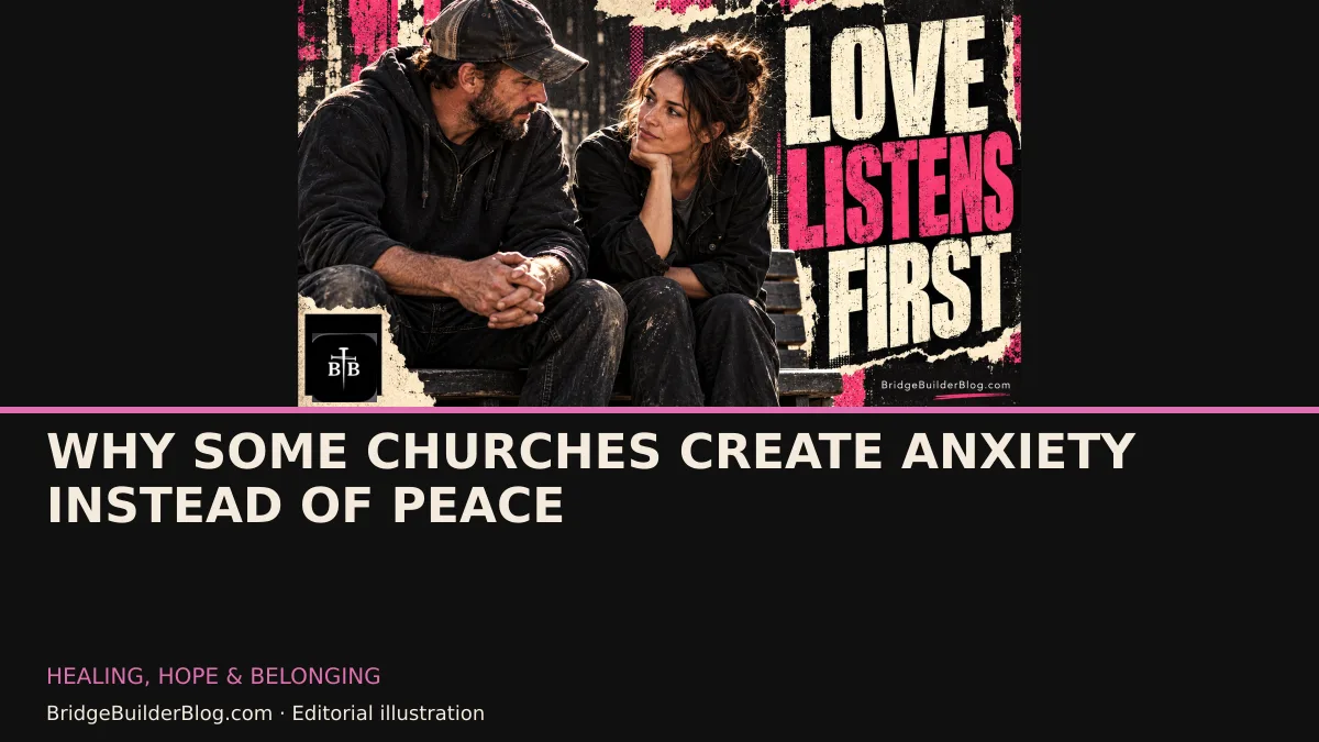 Bold Bridge Builder editorial illustration for Why Some Churches Create Anxiety Instead of Peace. Conceptual imagery, not a documentary scene.