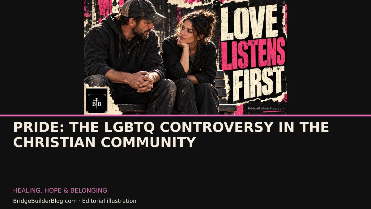 Bold Bridge Builder editorial illustration for Pride: The LGBTQ Controversy in the Christian Community. Conceptual imagery, not a documentary scene.