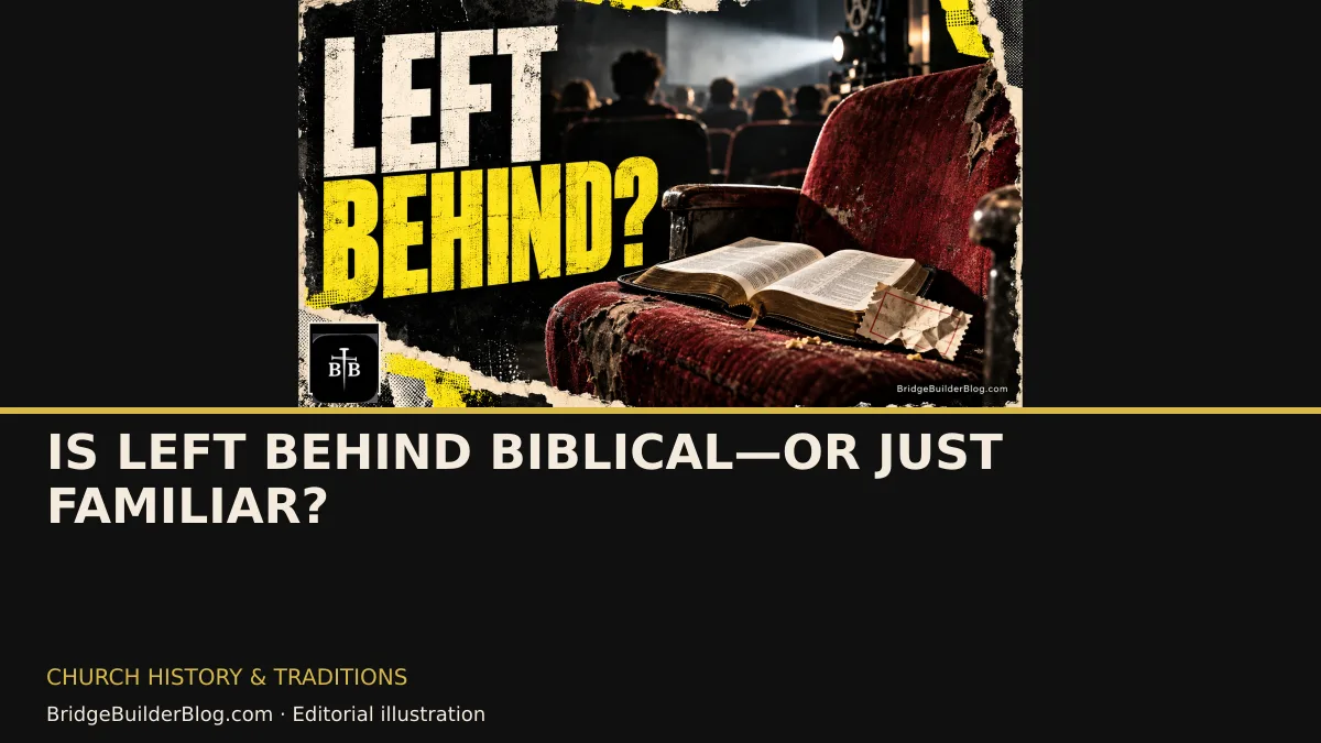 Bold Bridge Builder editorial illustration for Is Left Behind Biblical—or Just Familiar?. Conceptual imagery, not a documentary scene.