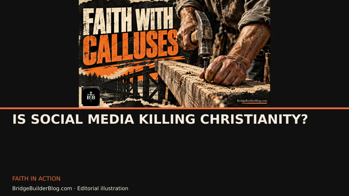 Bold Bridge Builder editorial illustration for Is Social Media Killing Christianity?. Conceptual imagery, not a documentary scene.