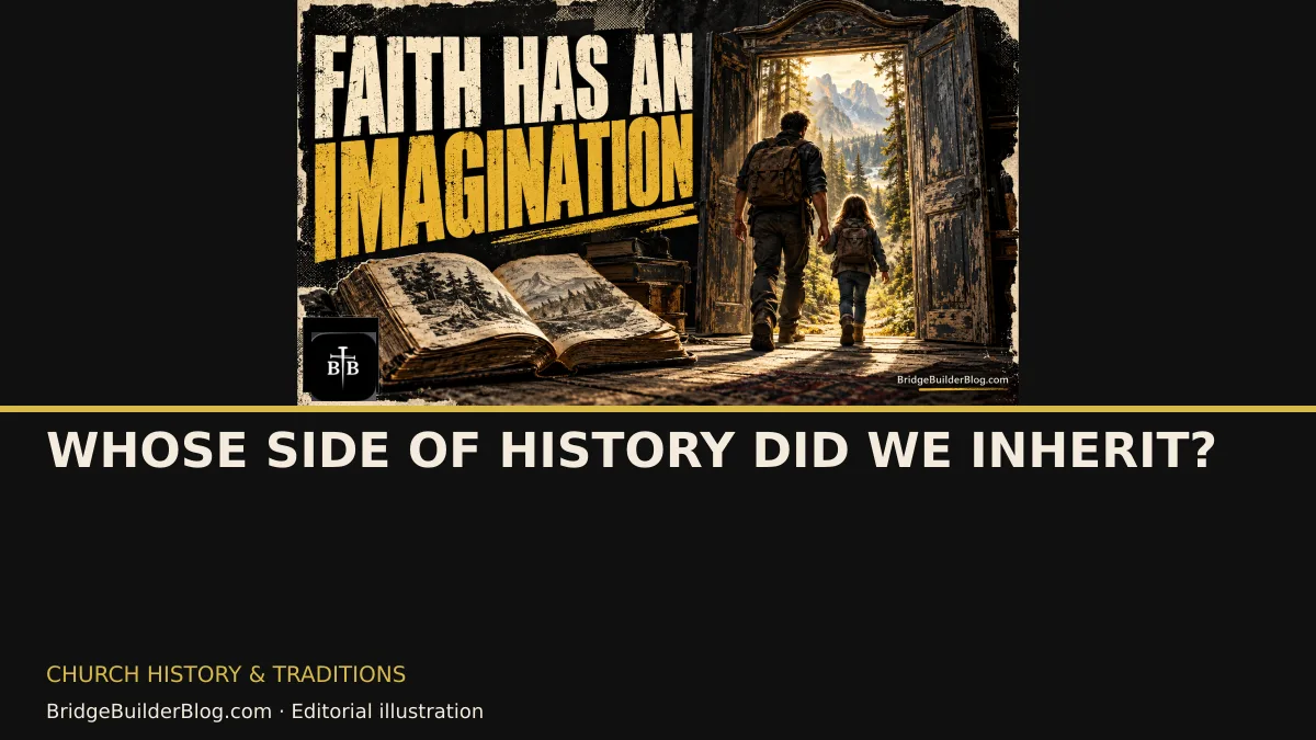 Bold Bridge Builder editorial illustration for Whose Side of History Did We Inherit?. Conceptual imagery, not a documentary scene.