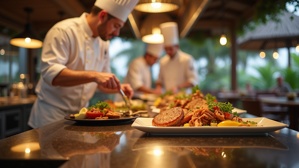 Eye-level view of a vibrant kitchen with chefs preparing meals