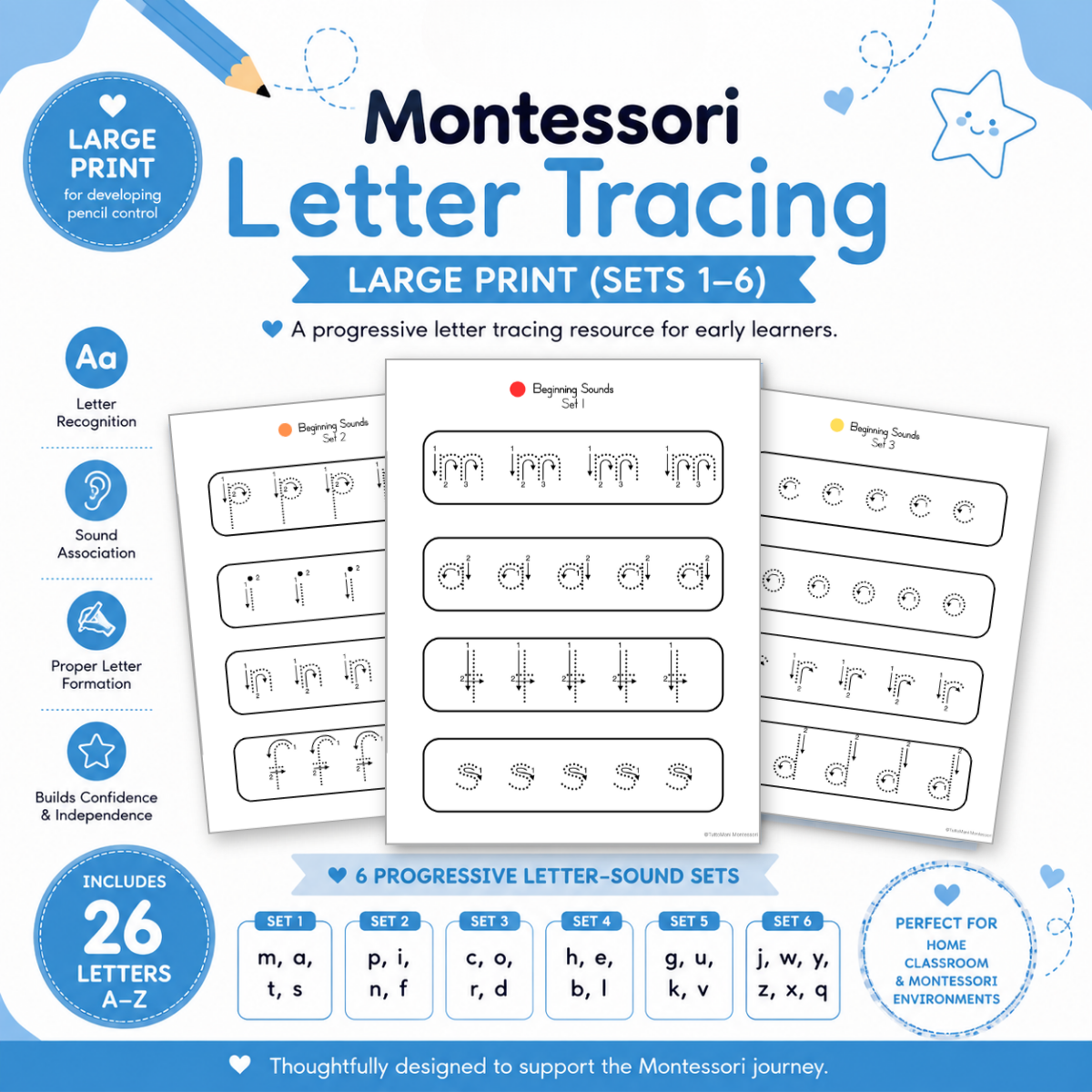 Montessori Letter Tracing – Large Print (Sets 1–6)