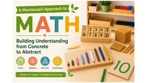Montessori mathematics materials, including the Short Bead Stair and Golden Beads, illustrating how children build mathematical understanding through hands-on learning from concrete to abstract.