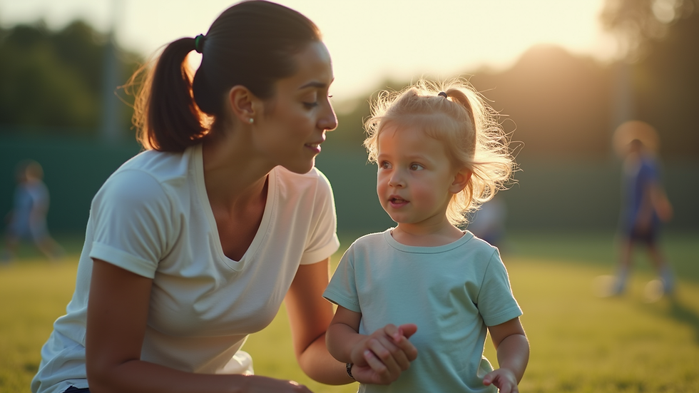 Eye-level view of a parent and child discussing sports strategy