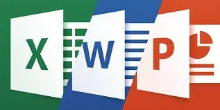 Logotipos de Excel, Word y PowerPoint con fondo verde, azul y rojo.