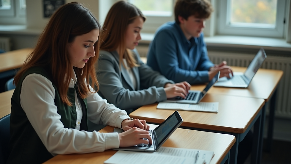 High angle view of students using tablets in a classroom