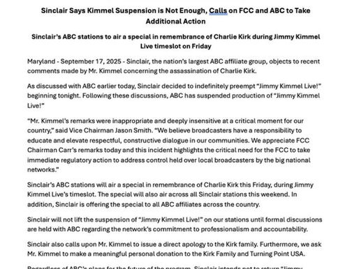 Sinclair says it will not return Jimmy Kimmel to Air?!