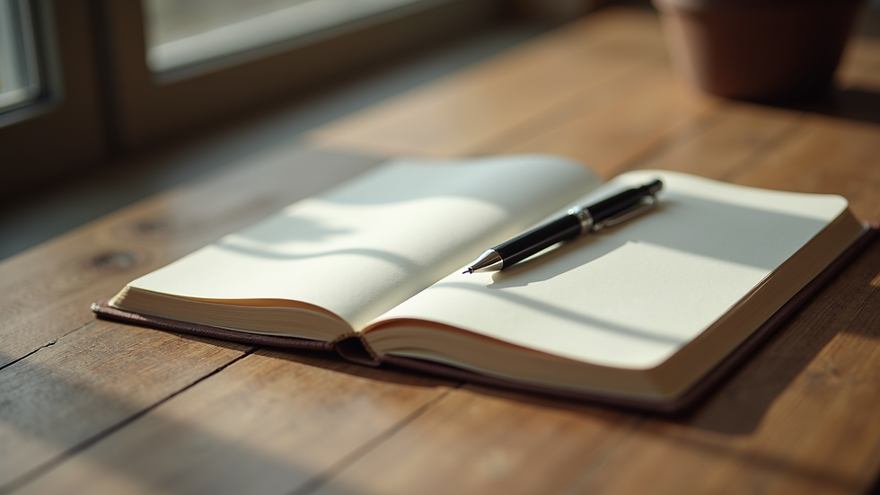 Close-up view of a journal and pen on a wooden table, symbolizing reflection and healing
