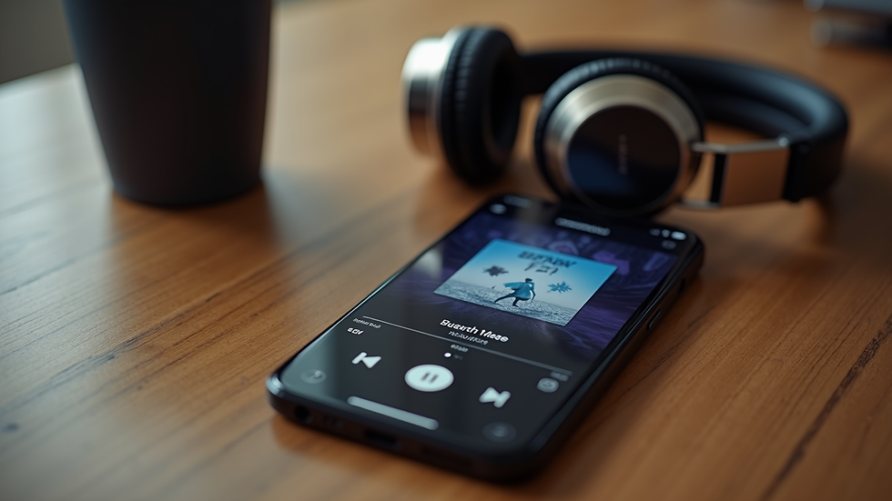 High angle view of a smartphone displaying a music app with headphones on a wooden desk