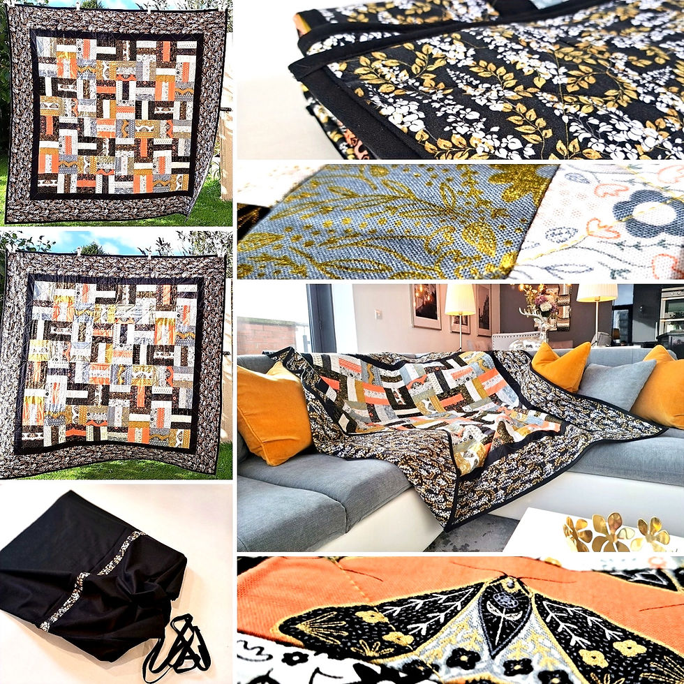 Thumbnail: Black, coral and gold quilt (158x158cm)