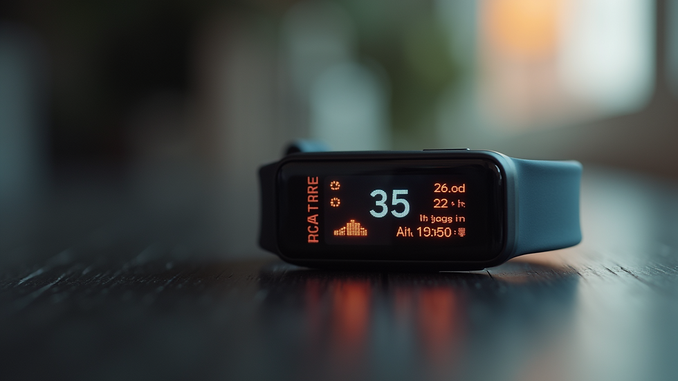 Close-up view of a fitness tracker showing heart rate and calories burned