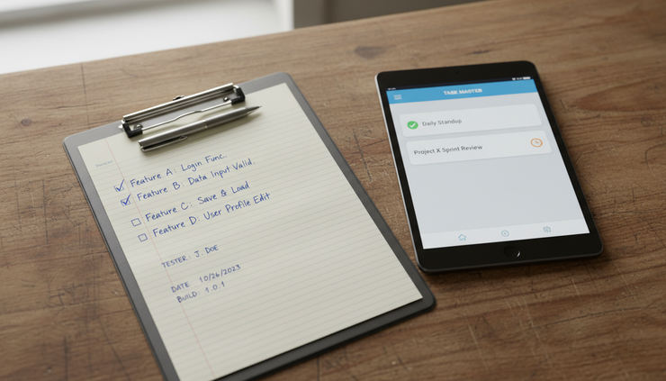 Overhead view of a handwritten QA checklist beside a tablet on a wooden workbench