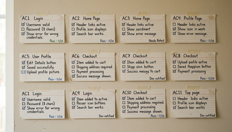 Eye-level view of index cards with acceptance criteria arranged on a wall
