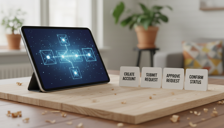 Side view of a tablet displaying a sample user workflow next to printed scenario cards