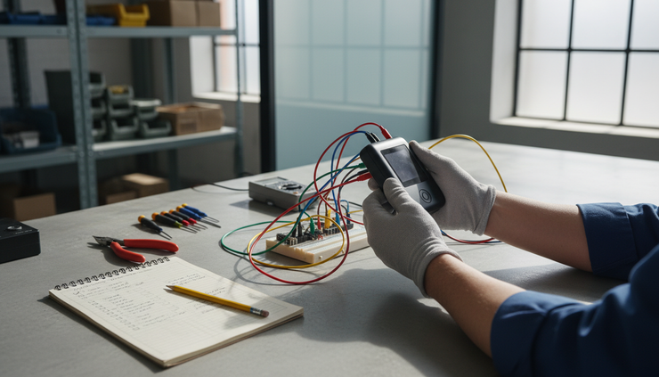Eye-level view of a handheld device being tested on a workshop bench