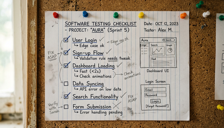 Close-up view of a paper testing checklist pinned to a corkboard