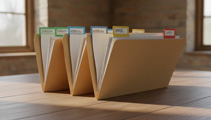 Close-up view of labeled folders and colored tabs sorted by hiring stage.