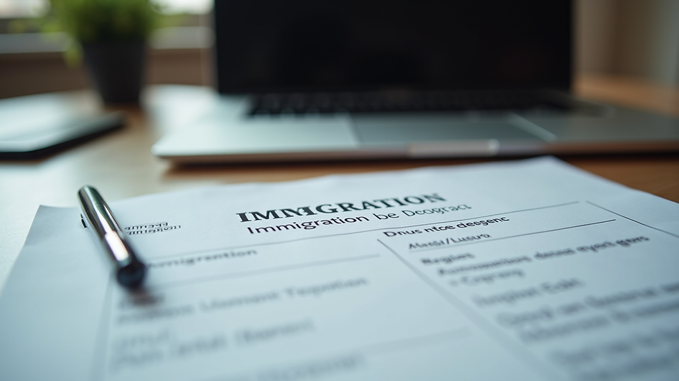 Eye-level view of a lawyer's desk with immigration documents and a laptop