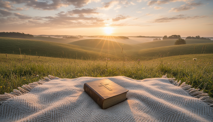 Wide-angle view of a peaceful sunrise over open hills with a Bible resting on a woven blanket.