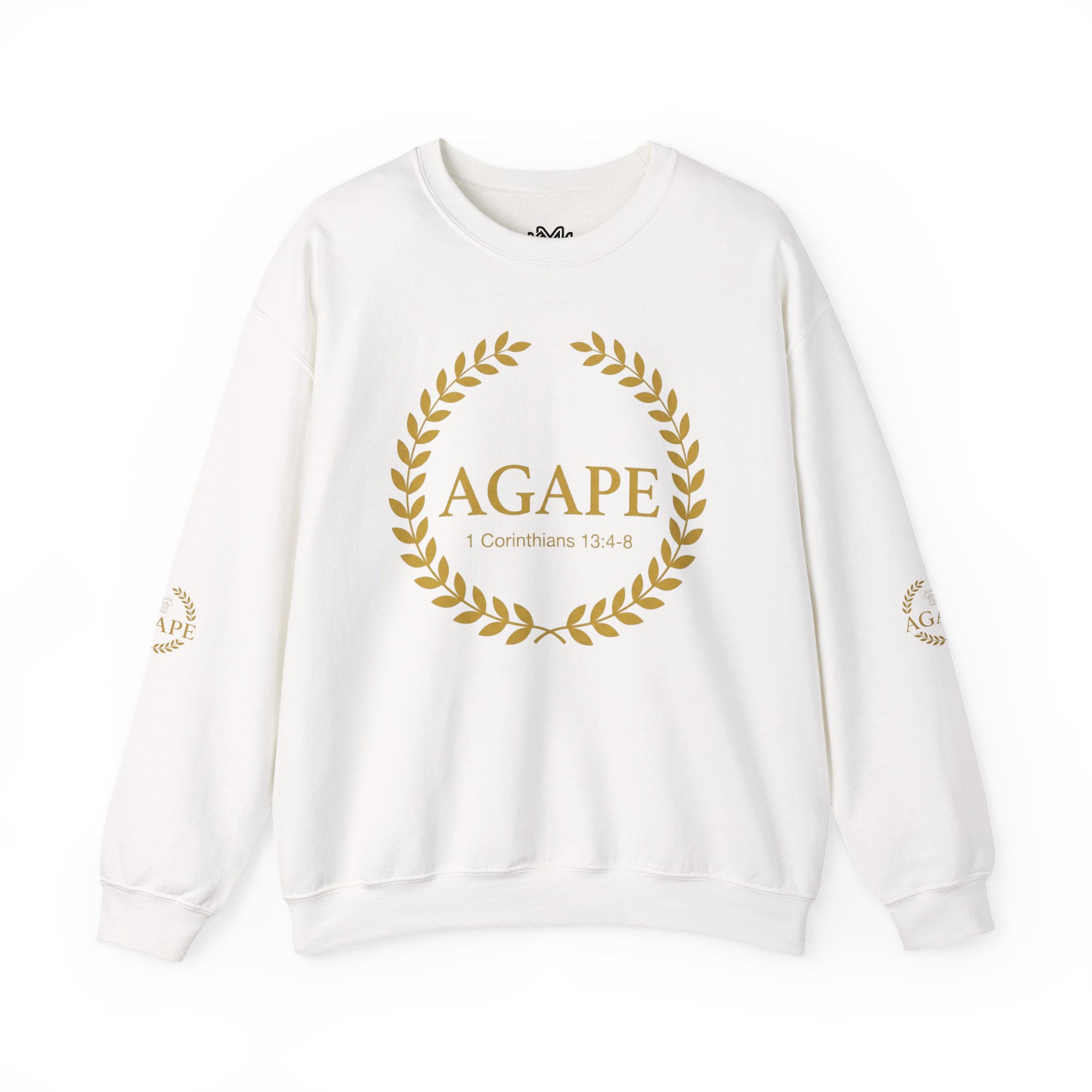 Agape Crewneck Sweatshirt — Gold Laurel Christian Scripture 1 Corinthians 13:4-8