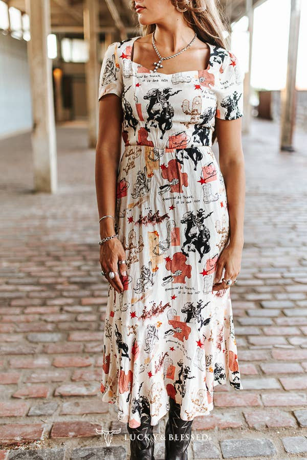 Thumbnail: Vintage Western Rodeo Printed Ruffle Hem Short Sleeve Dress