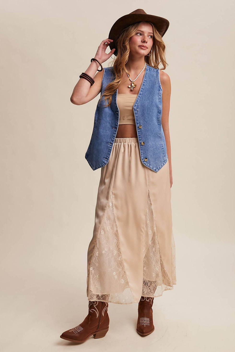 Thumbnail: Lace Inset Satin Midi Skirt