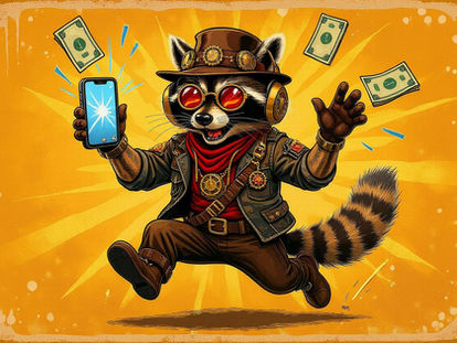 a happy raccoon bandit who won money