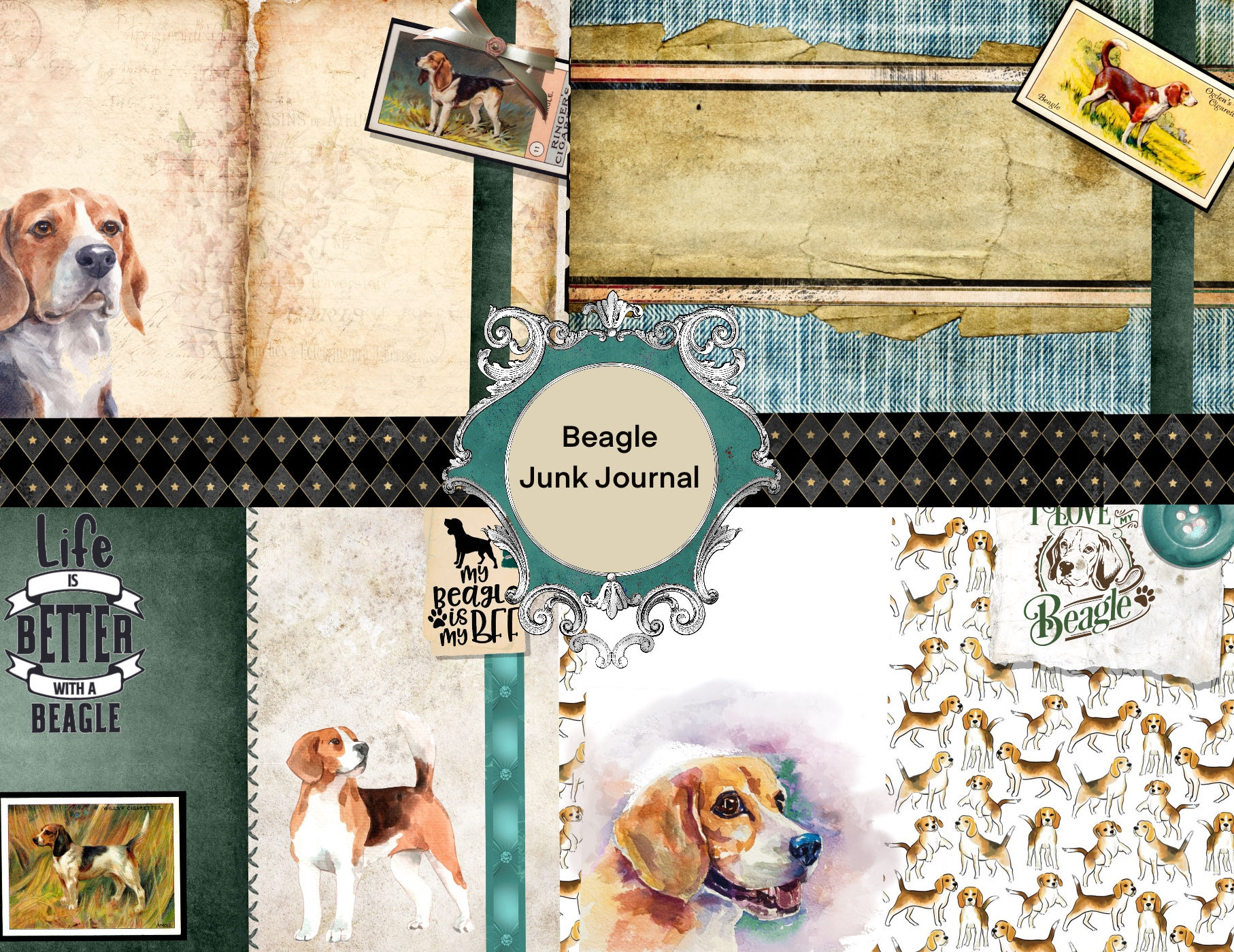 Beagle Pet Junk Journal Kit – Printable Scrapbook Set with Vintage Ep