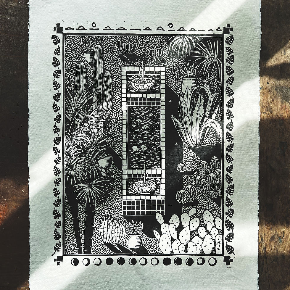 Miniature : Linogravure "Bassin, jardin Majorelle", 42x29.7cm