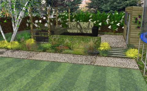 3D landscape plan showing lawn and planted borders in Kent garden.