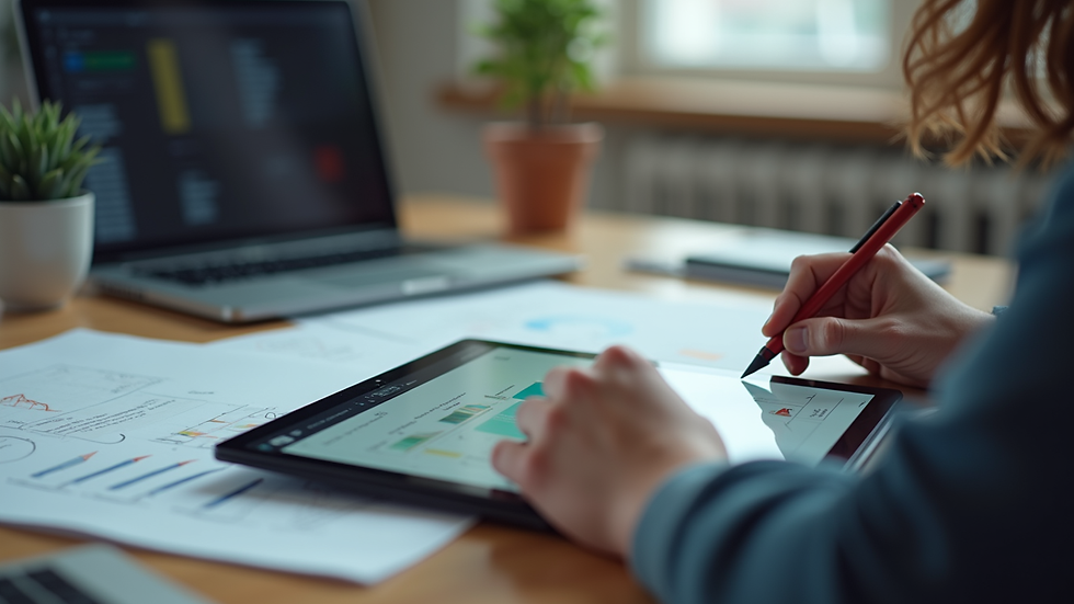 Close-up view of a designer working on website wireframes on a digital tablet