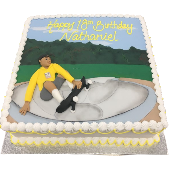 A vibrant and playful skateboard-themed cake featuring ramps, rails, and a halfpipe, perfect for a birthday celebration for skateboard enthusiasts.