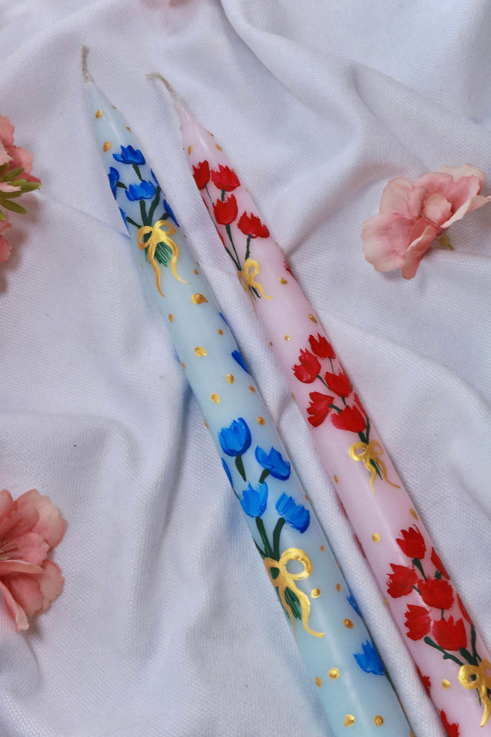 %100 El Yapımı Lale/Çiçek/Buket Desenli Gold Detaylı 2Li Şamdan Mum Seti