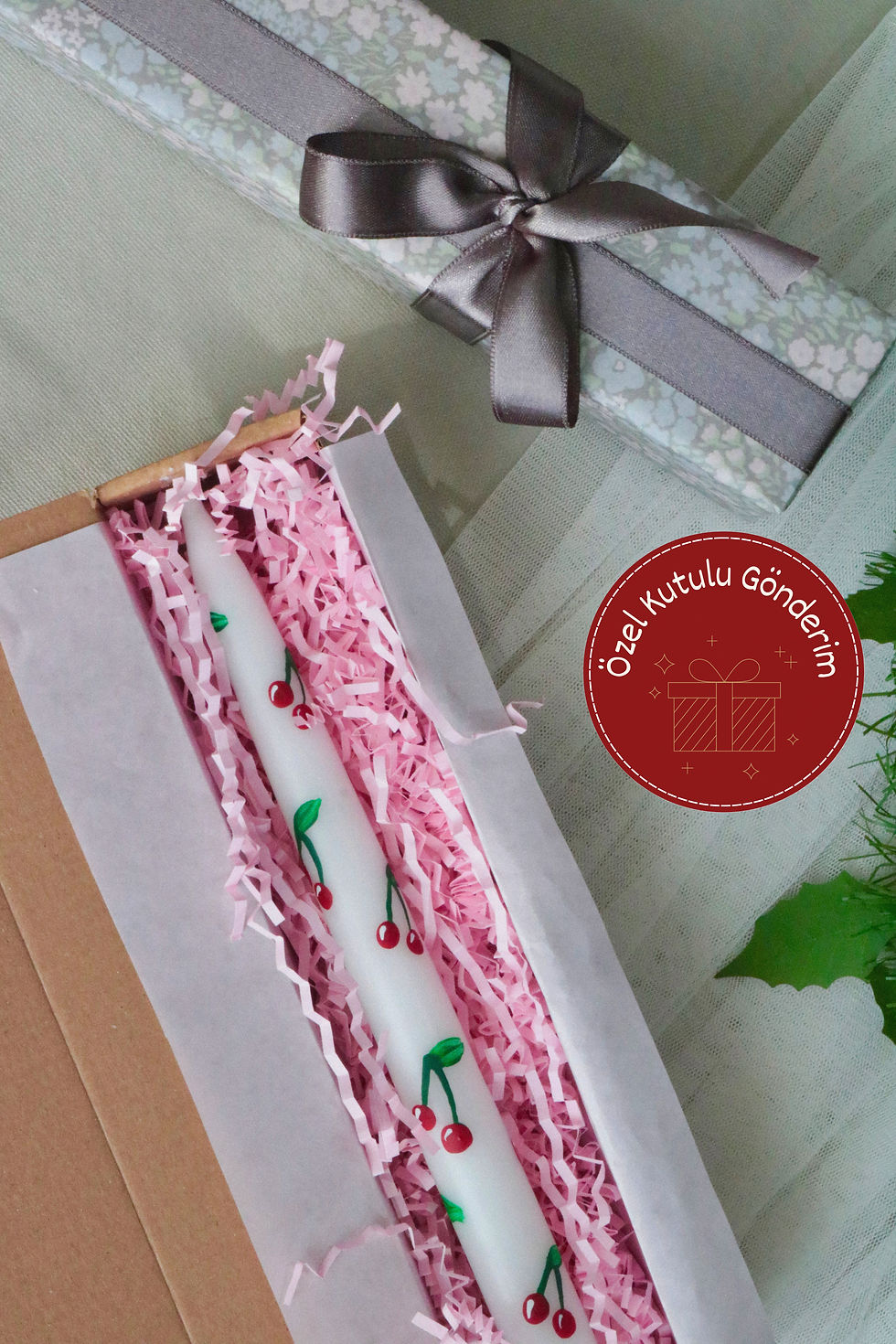 Thumbnail: Hand Painted Cherry Patterned Single Candlestick Candle