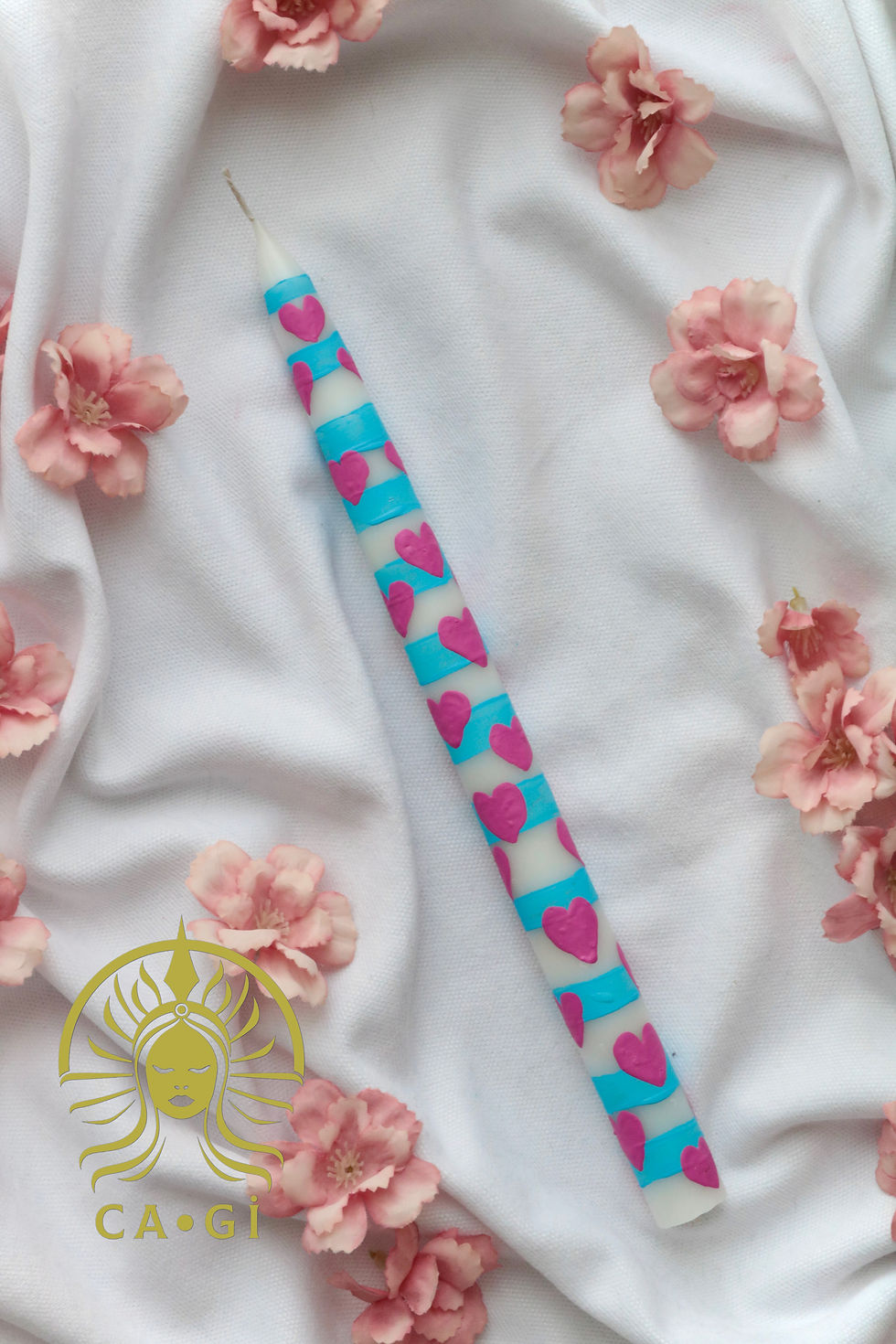 %100 El Boyaması Kalp/Çiçek Desenli Tekli Şamdan Mum