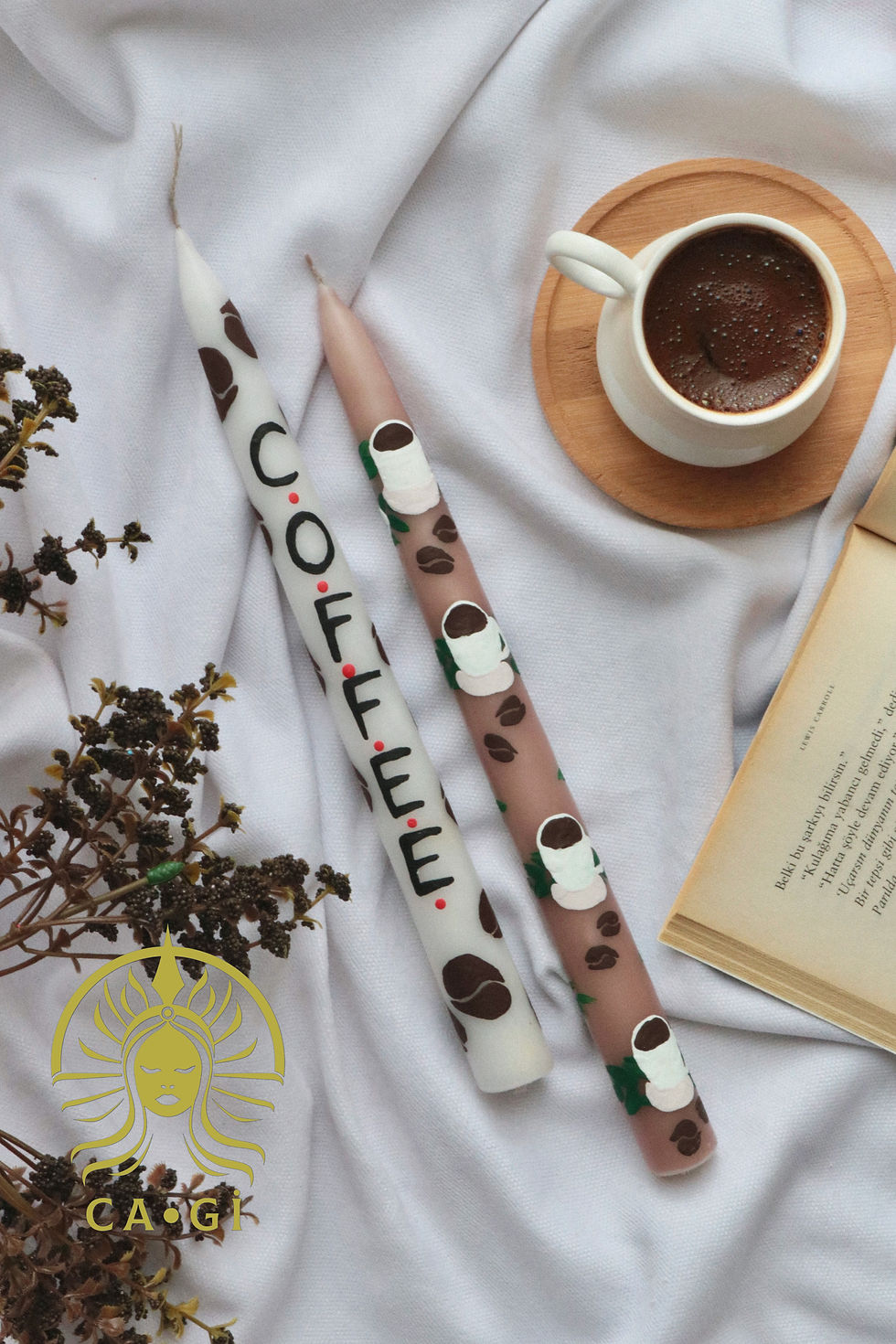 Hand Painted 2-Piece Coffee Side Presentation / Patterned Candlestick Candle Set